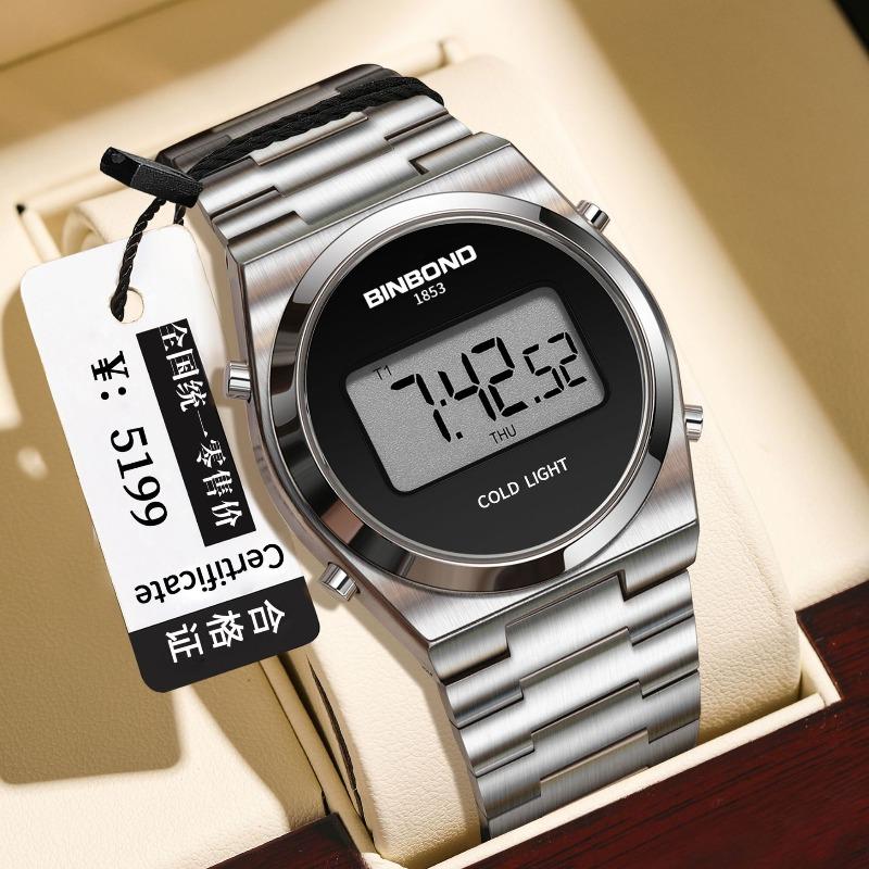 Binbang Watch Simple and Fashionable Round Digital Trendy Man Waterproof Sports Steel Belt Electronic Watch