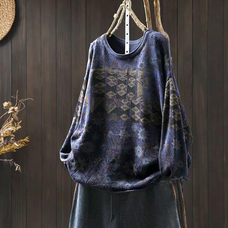Vintage Printing Patchwork Sweater for Women Winter Fall Fashion O-neck Long Sleeve Loose Casual Pullover Knitting Pullover Tops