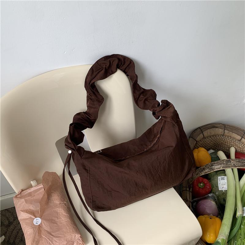 Women's Korean Version Single Shoulder Pleated Drawstring Canvas Bag, Small Fresh Artistic Solid Color Hand-held Diagonal Cross Casual Women's Bag