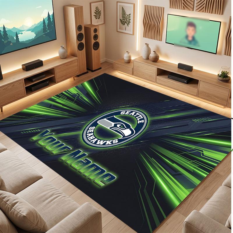 Seattle Seahawks Personalized Crystal Velvet Carpet, Customized Name Text Soft Anti‑Slip Rug for Living Room Bedroom