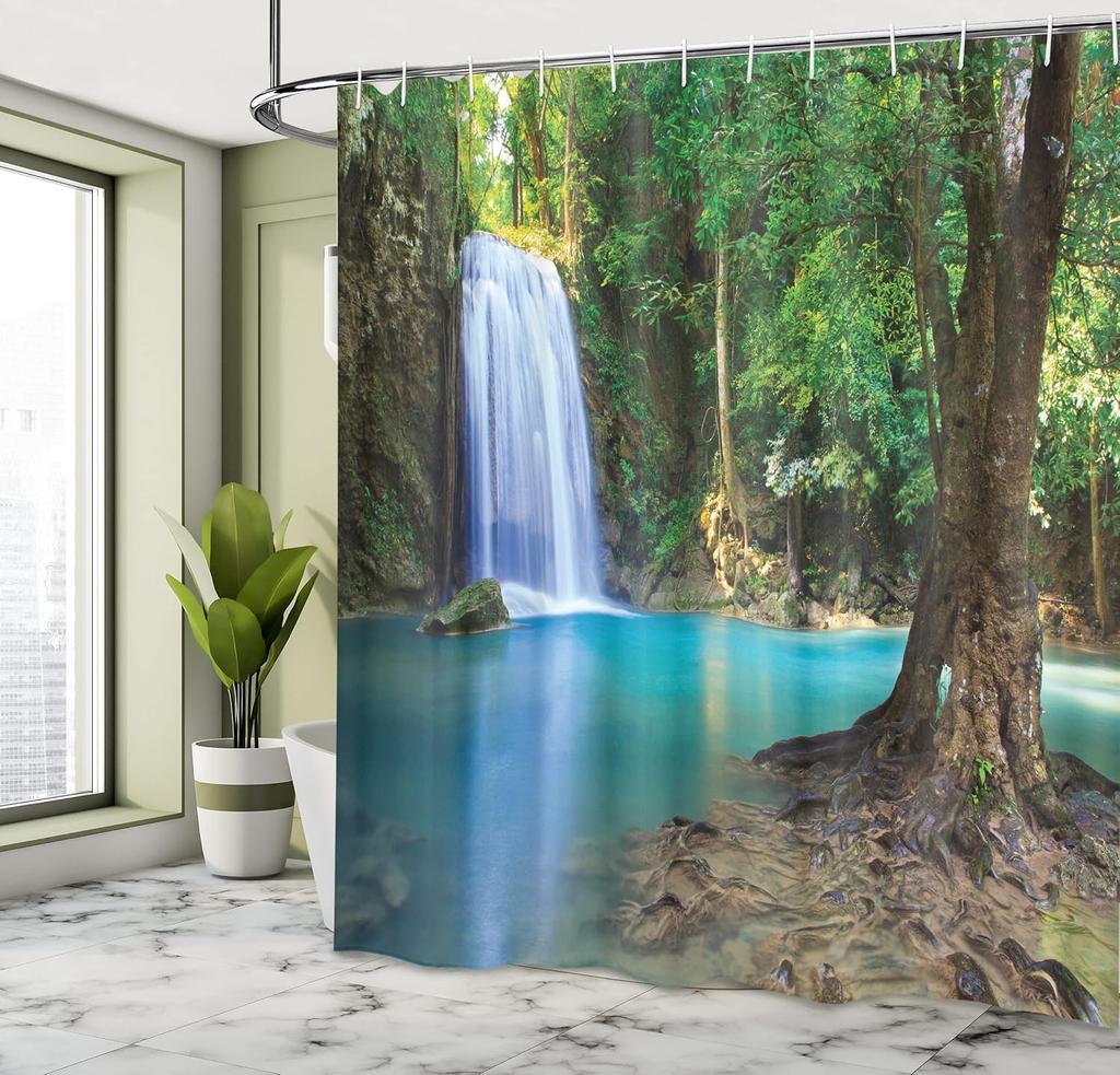 Woodland Shower Curtain, A Waterfall In Asia Thailand Jungle Of Tropic Plants And Trees Tourist Attraction Artwork, Cl