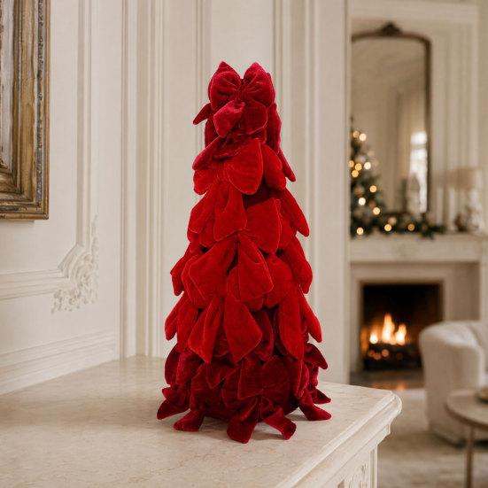 Stacked Velvet Bow Decoration Christmas Tree Decoration, Shaped Desktop Ornament Tabletop for Fireplace Dining Table Window Holiday Decor Versatile