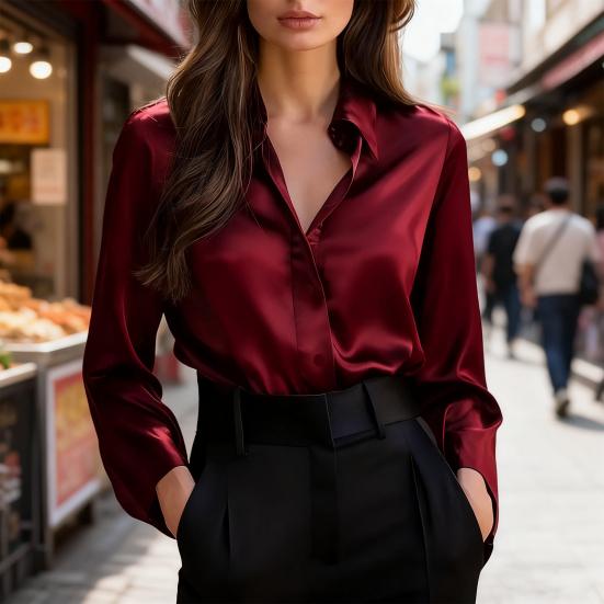 Women Shirt Lapel Long Sleeve Single Breasted Shirt Tops Smooth Fabric Satin Office Lady Shirt Versatile Autumn Wear