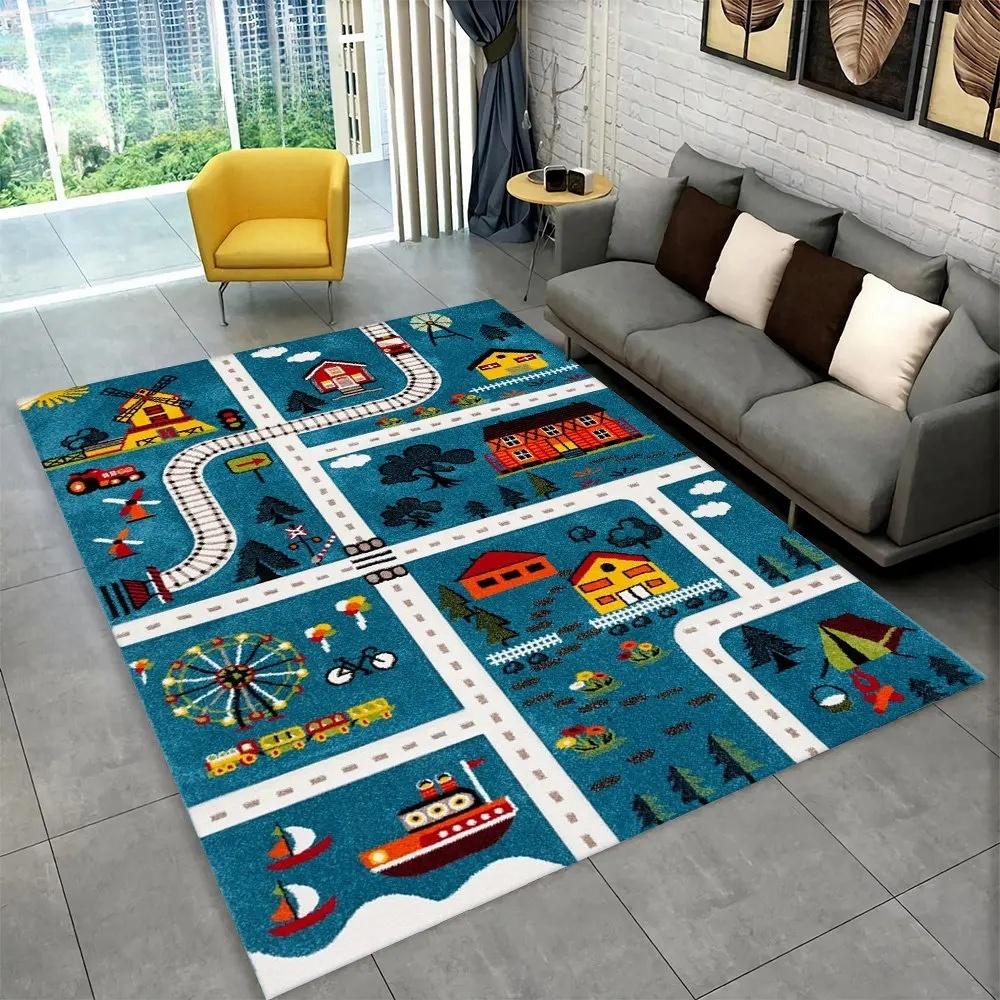 Covoraș de joacă interactiv pentru copii cu temă rutieră de oraș, covor pentru camera de joacă, covor antiderapant pentru living sau dormitor, covoraș de podea