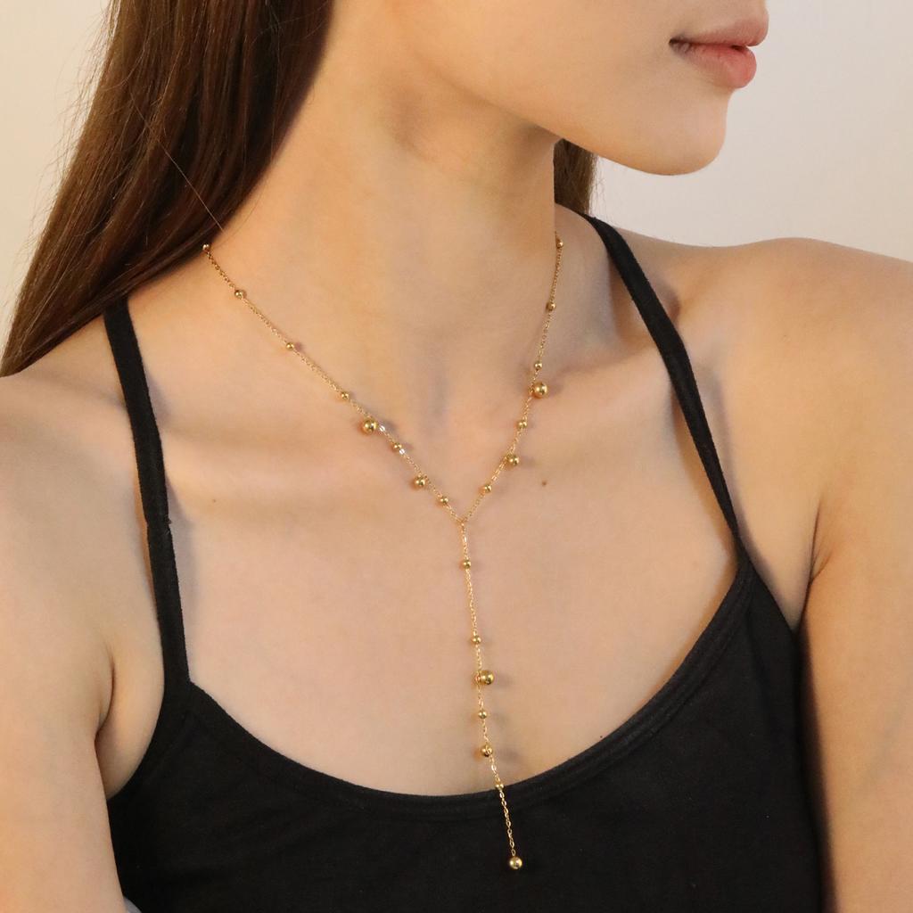Long tassel necklace Trendy round steel bead necklace 18K gold-plated stainless steel jewelry women