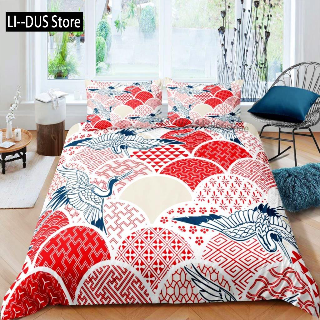 Comforter Crane Queen Size Japanese-Style Bedding Set Cherry Blossoms Pattern Women Girls Japanese Traditional