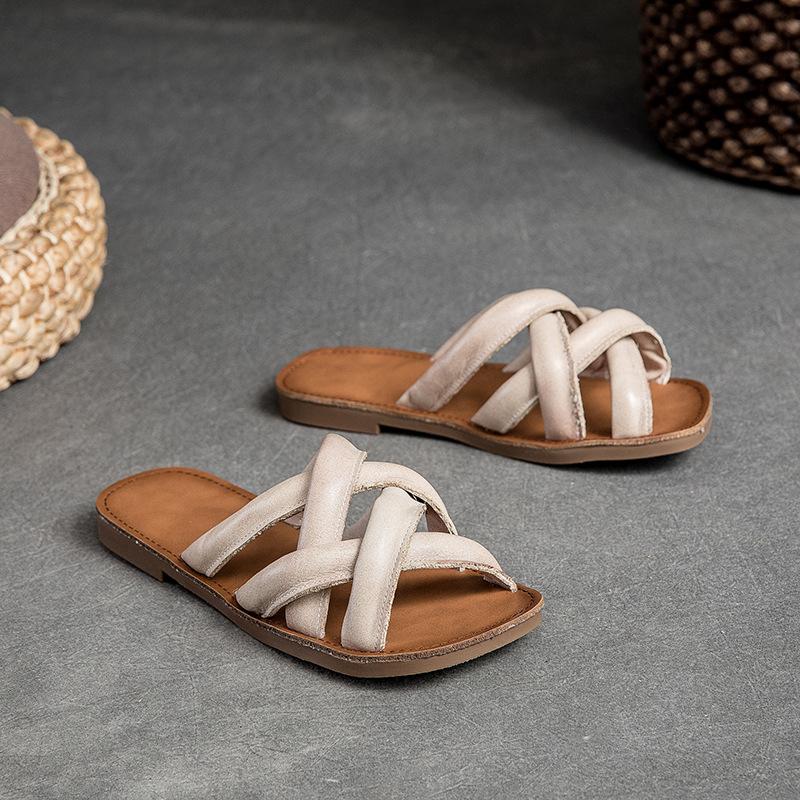 Johnature Genuine Leather Breathable Women's Flat Slippers Retro Versatile Soft Sole Roman Sandals
