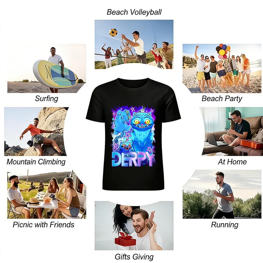 Derpy Blue Cat Print T-shirt Unisex Trendy Street Style Casual Short Sleeve Top Pure Cotton T-shirt