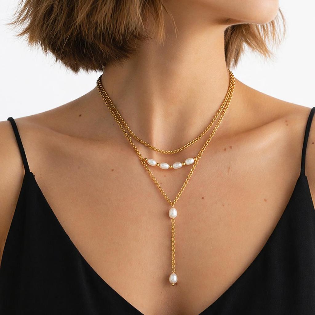 18K Gold European Pearl Necklace: Multi-Layer Titanium Steel Sweater Chain with Natural Pearls