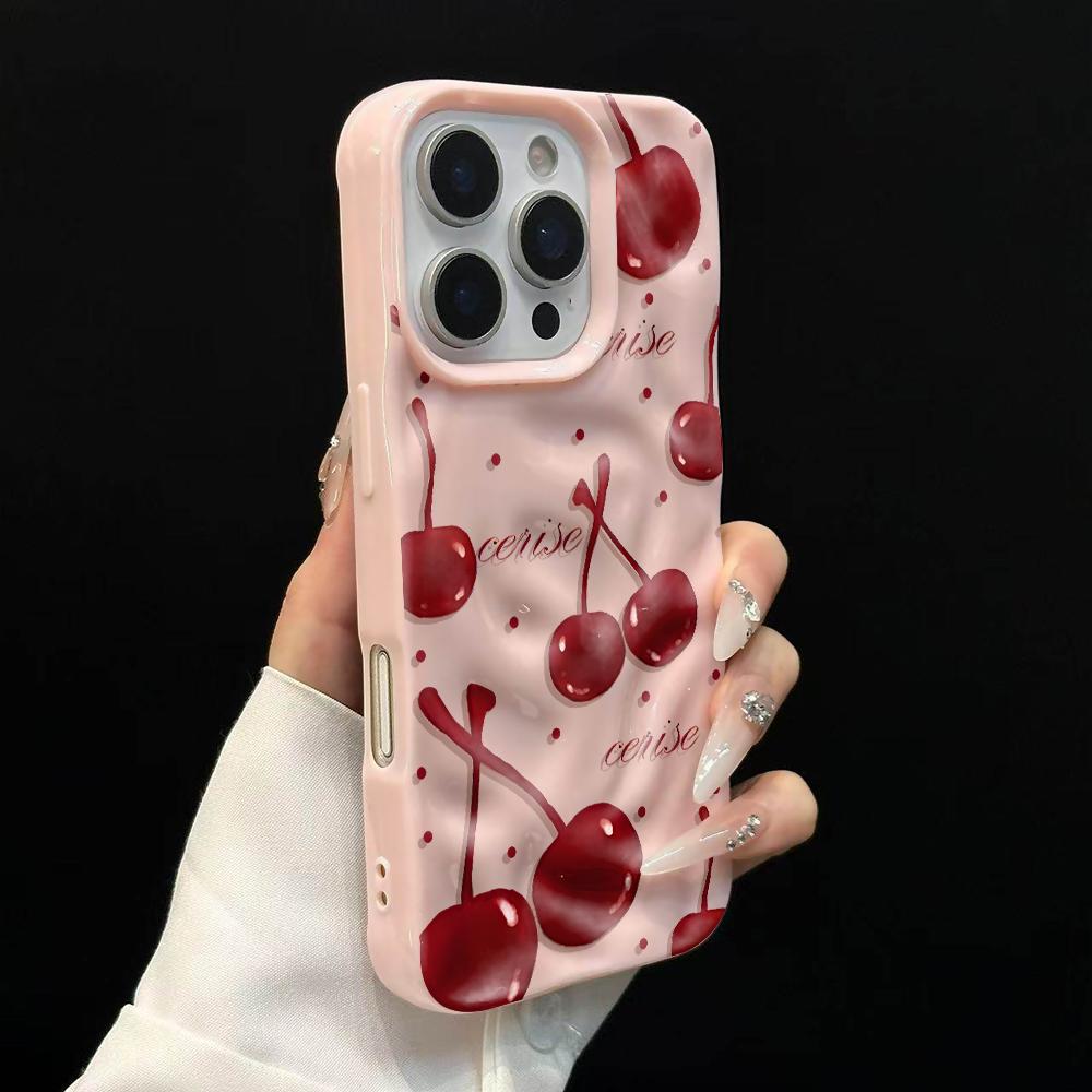 Korean Cherry Pattern Phone Case For iPhone 17 16 15 14 13 12 11 Pro Max 14 15 Plus 17 Air Wrinkle Wave Soft Silicone Drop Cover