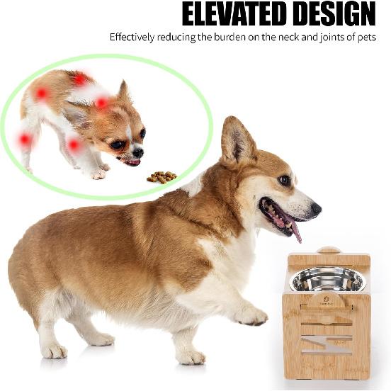 Elevated Dog Bowl, 6 Heights Adjustable Raised Dog Bowl 2.4″-6.7″, with Food Grade 304 Stainless Steel 15 OZ, Bamboo Dog Bowl Stand for Small &
