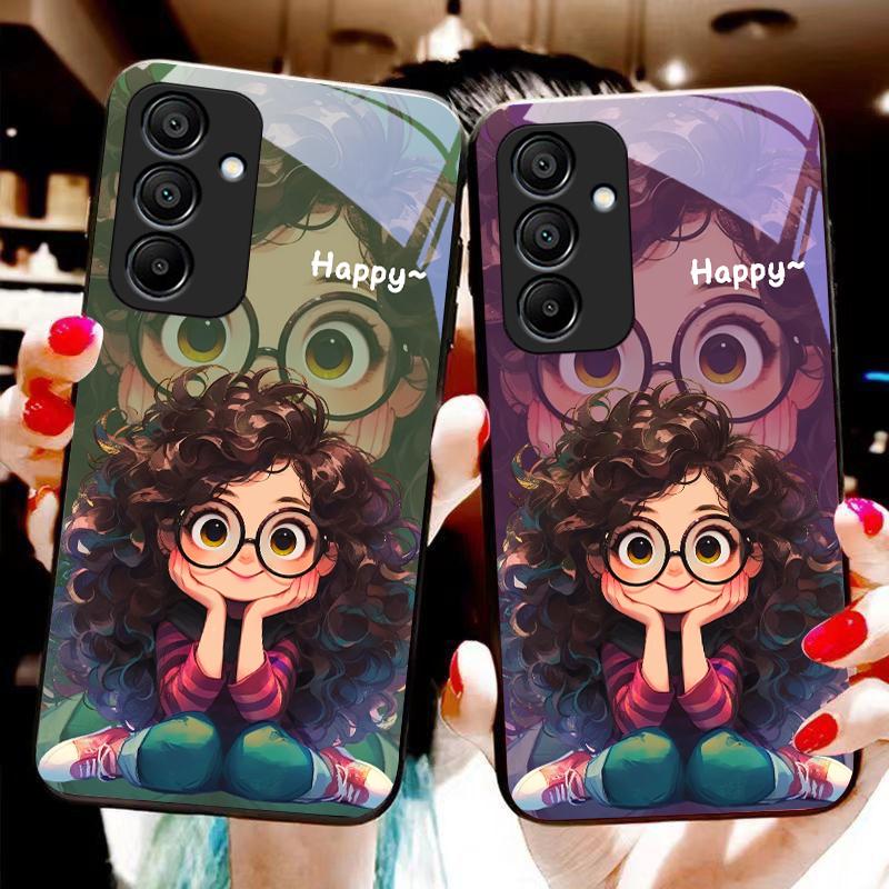 Mädchen mit lockigen Haaren für Samsung Galaxy A15 5G 54 4G 51 50 24 35 90 71 12 51 53 52S 80 22 34 Schwarze Handyhülle aus gehärtetem Glas
