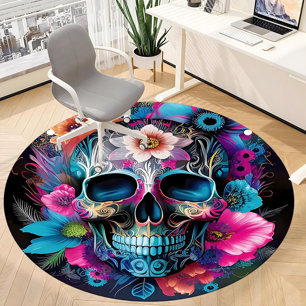1pc Skull Flowers Office Round Area Rug,  Mat Suitable For Office, Under Office Chairs Bedroom Living Room Home Decor, Room Deco