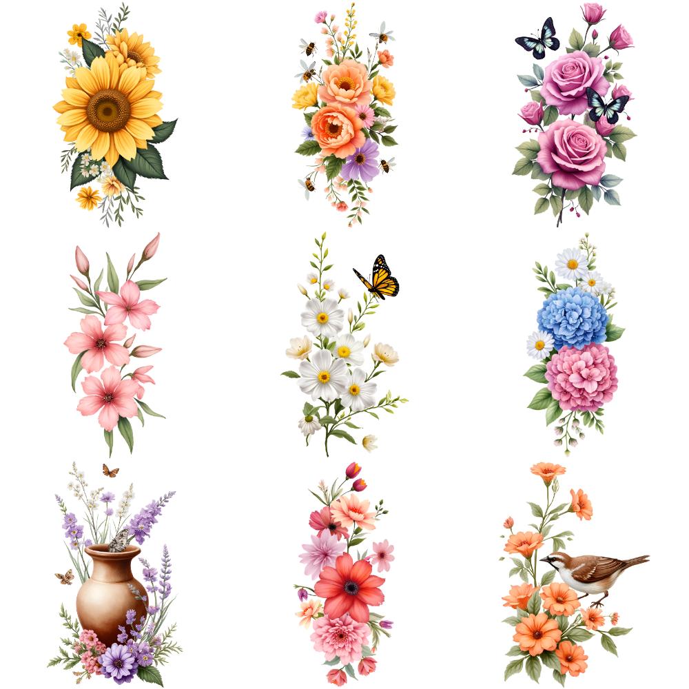 9pcs Temporary Tattoo Waterproof Long-lasting Body Stickers Sunflowers Dahlias Butterflies For Adult Shoulders Back