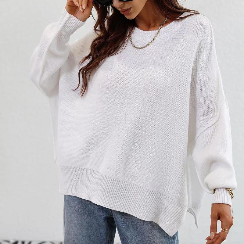 IHUASU Autumn and Winter Fashion Women's O-Neck Knit Loose Split Pullover Sweater