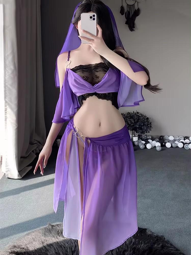 Sexy Hanfu Top Skirt Set Lady Chinese Ancient Traditional Costume Fairy Cosplay Purple Dance See-through Lace Lingerie Dress New