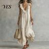 Versatile Daily Wear Dress Women's Deep V Neck Ruffle Trim Maxi Dress, Sleeveless Loose Lightweight Polyester Flowy Beach Sundress, Summer Casual