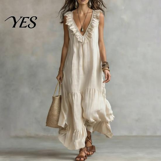 Versatile Daily Wear Dress Women's Deep V Neck Ruffle Trim Maxi Dress, Sleeveless Loose Lightweight Polyester Flowy Beach Sundress, Summer Casual