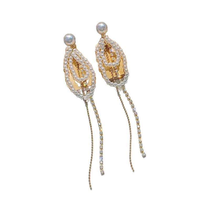 Super fairy temperament fringed pearl earrings women, retro Hong Kong style long fringed earrings Internet celebrity earrings