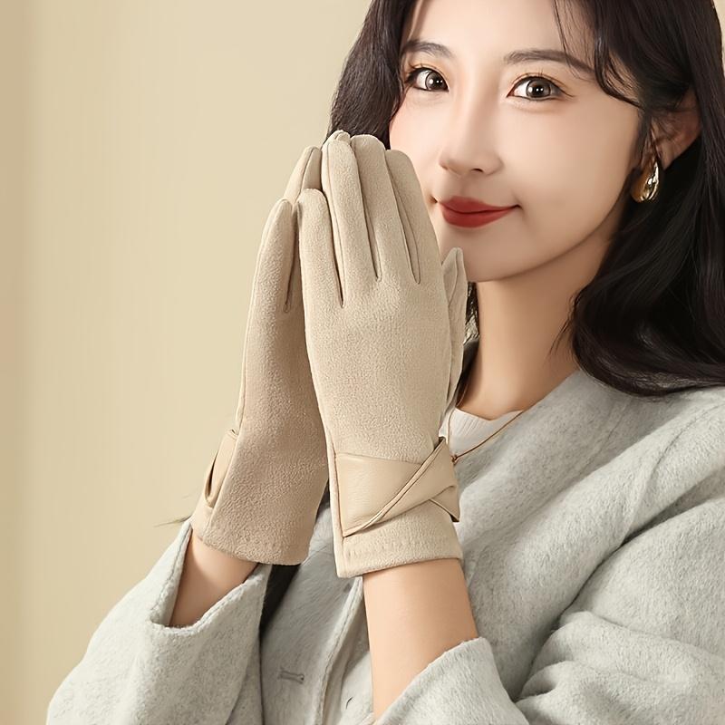 2pcs Women’s Touchscreen Winter Gloves - Elegant Brown PU Leather with Gray Accents, Warm Fleece-Lined, Windproof for Cycling & Outdoor Activities