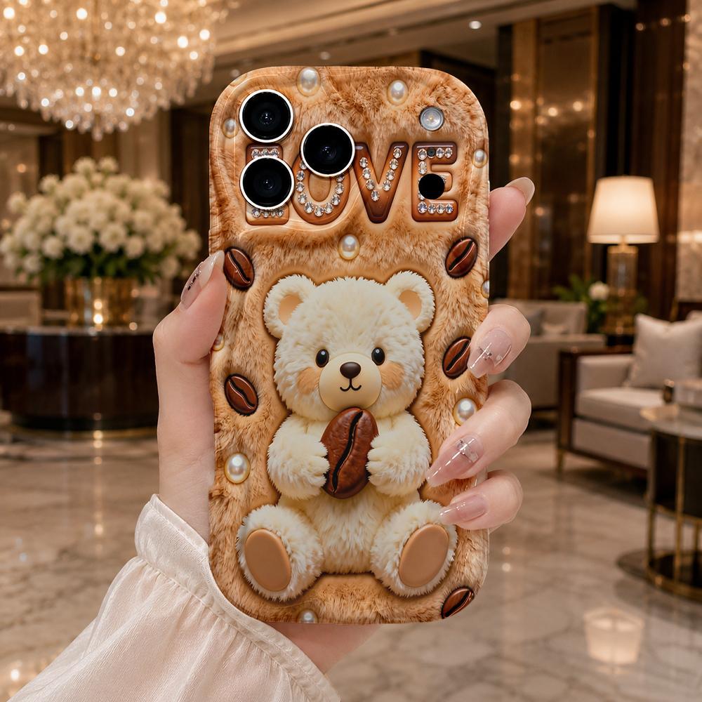 Teddy Bear Coffee Bean LOVE Rhinestone Wavy Edge Phone Case For iPhone 16 15 14 Pro Max 13 12 11 Mini XR XS SE 2020 7 8 Plus Air Cover