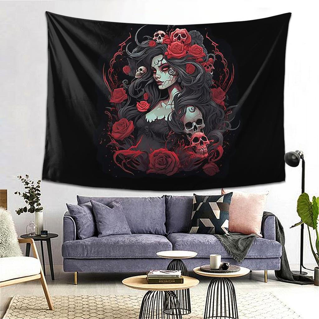 Alexander Gothic Las Elegantes Girls Day Of Dead Skull Tapestry Decoration Art Aesthetic Tapestries Home Wall Cloth Wall Hanging
