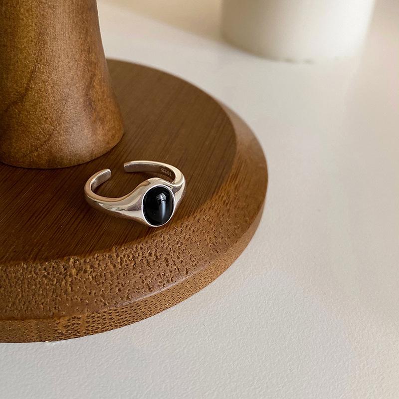 Women s Retro Black Zircon Geometric Oval Adjustable Ring Adjustable Open