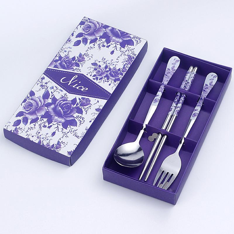 3Pc Set Of Blue And White Porcelain Tableware Stainless Steel Chopsticks Spoon Fork Gift Box Portable Travel Tableware Set