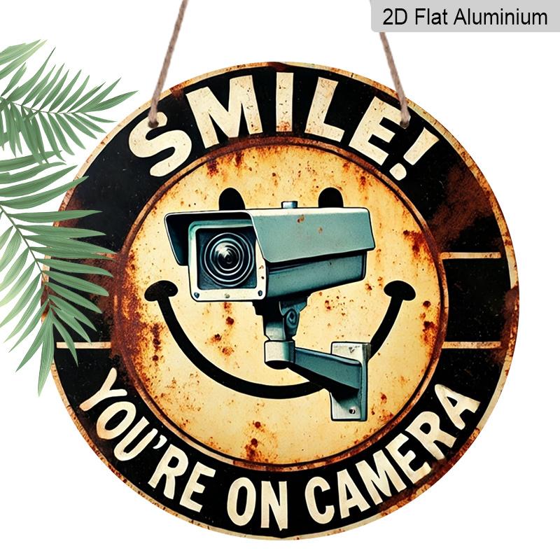2D Flat, 1pc Round Aluminum Hanging Sign,  Smile You re On Camera  CCTV Security Camera & Smiley Face Design, Retro Distressed Warning Metal Sign 7.87x7.87inch