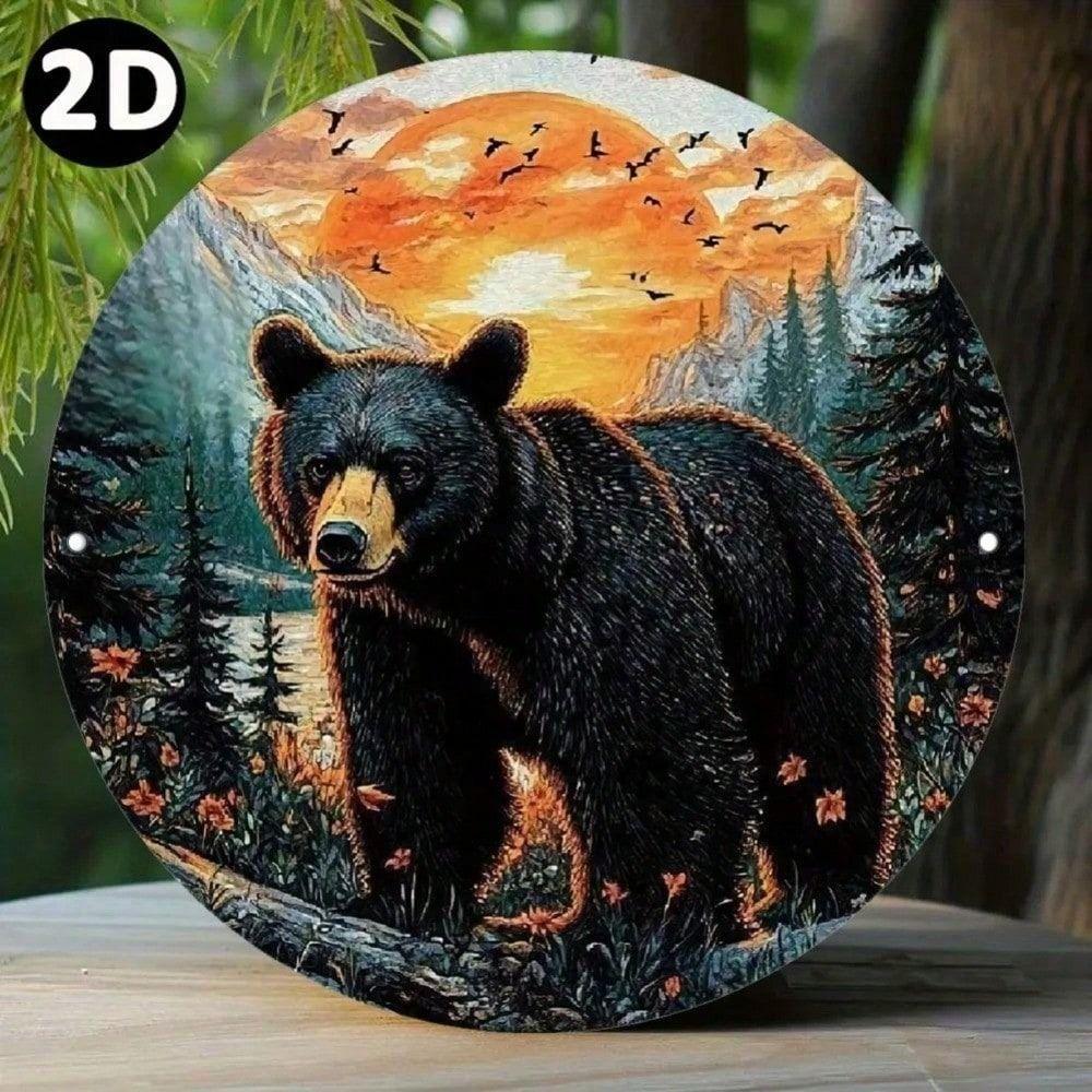 Retro Metal Wall Art Bear Forest Sunset Decor