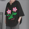 INCERUN Oversized Men Round Neck Short Sleeve 3D Flower Print Stitching Casual Rib T-shirts Tops