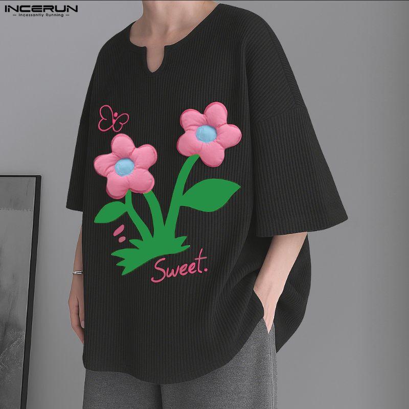 INCERUN Oversized Men Round Neck Short Sleeve 3D Flower Print Stitching Casual Rib T-shirts Tops