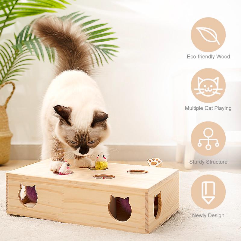 Cat Toys Interactive Whack-a-mole Solid Wood Toys for Indoor Cats Kitten Catch Mice Game