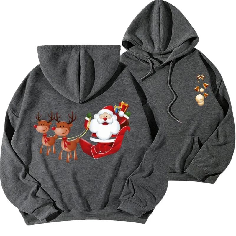 Cute Cartoon Flying Reindeer Santa Claus Graphic Unisex Hooded Sweatshirt, Loose-fit Winter Xmas Streetwear