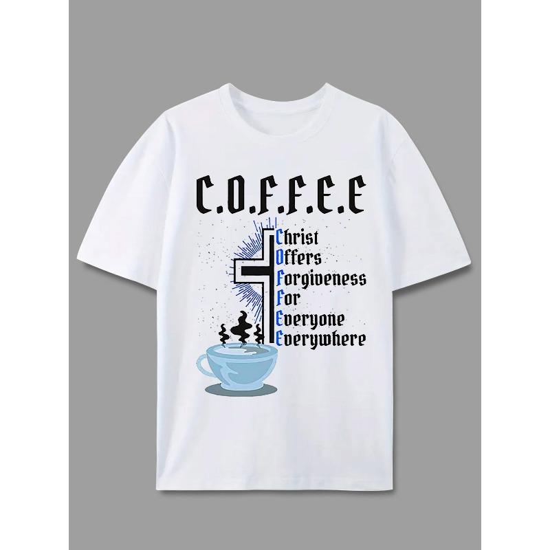 Men'S Top Featuring a Coffee-Themed Graphic, Casual Short-Sleeve Round-Neck T-Shirt, Suitable for Summer And Spring, Outdoor Wear