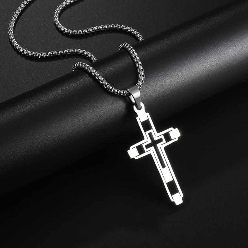 Hollow Out Double Cross Pendant Necklace For Men Trendy Titanium Steel European And American Student