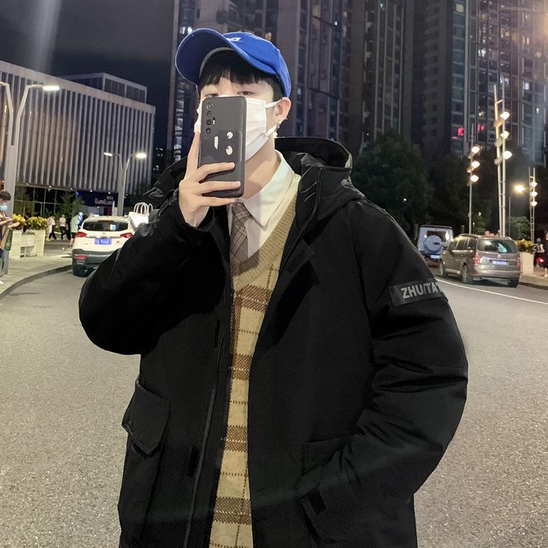 Men's hooded down jacket thickened in winter warmth windproof and coldproof Hong Kong style jacket men's winter overalls