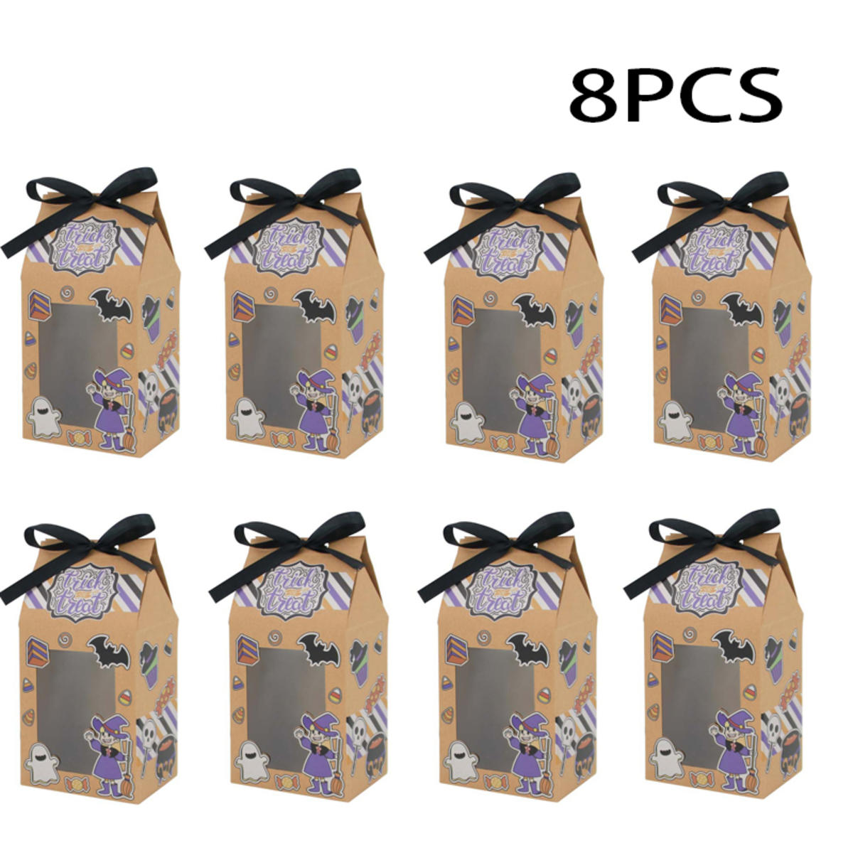 

Halloween Gift Box Kraft Paper Box Clear Window Wrapping Treat Paper Pack Party Favor Versatile Holiday Wrapping Bag 8PCS