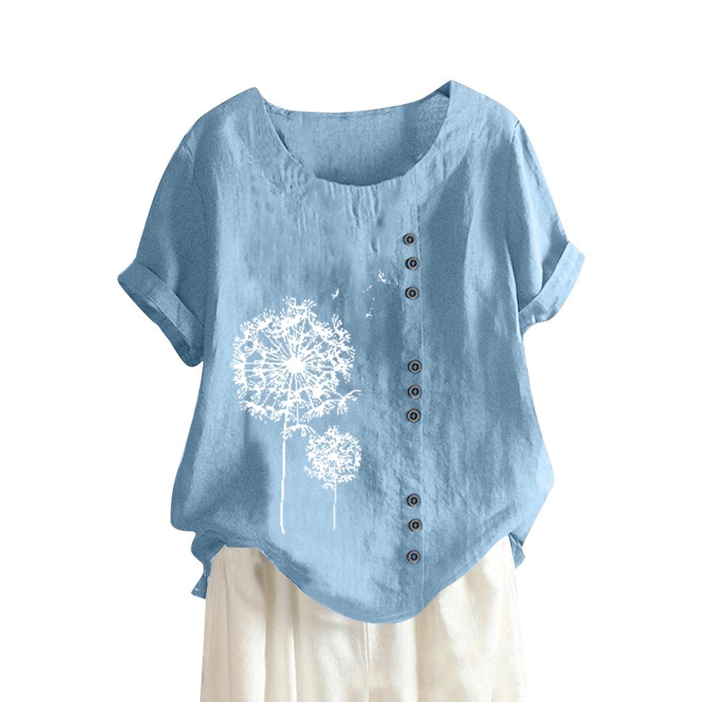Dámské bavlna a len léto a podzim retro ležérní volné tričko s krátkým rukávem z bavlny a lnu