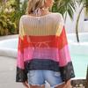 Women Crochet Hollow Out Cover Up Long Sleeve Color Block Crew Neck Beach Bikini Swimsuit Mesh Top Pink XL
