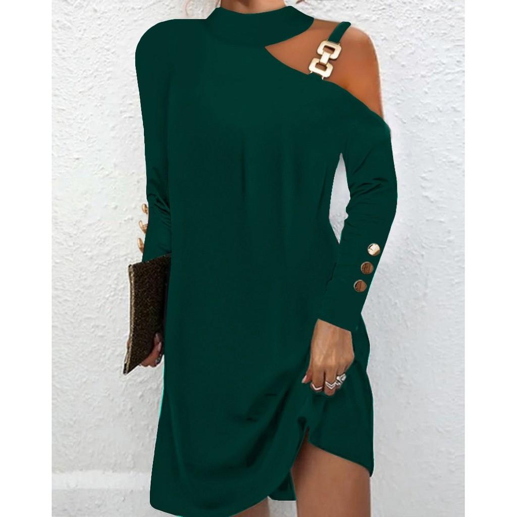 Stylish Long Sleeve Spliced Polyester Metal Hook Dress For Women
