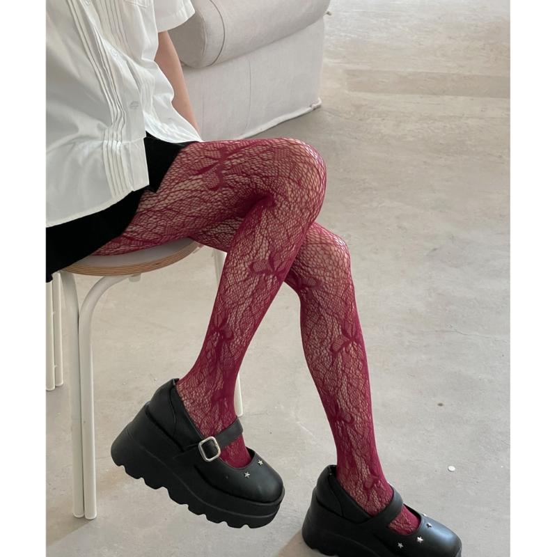 Women Sexy Hollowed Sheer Fishnet Pantyhose Aesthetic Vintage Butterfly Jacquard Patterned Leggings Colored Mesh Tights