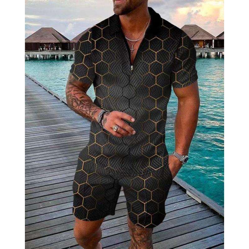 2025 summer men's 3D digital printing short-sleeved polo fashion sports and leisure suit foreign trade men's solid color
