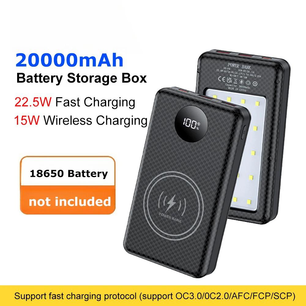 37,5W Rychlé Nabíjení Bateriový Box 22,5W Kabelové + 15W Bezdrátové 20000mAh 6x18650 Externí Pouzdro Power Banky Úložný Box pro Nabíjení Baterií
