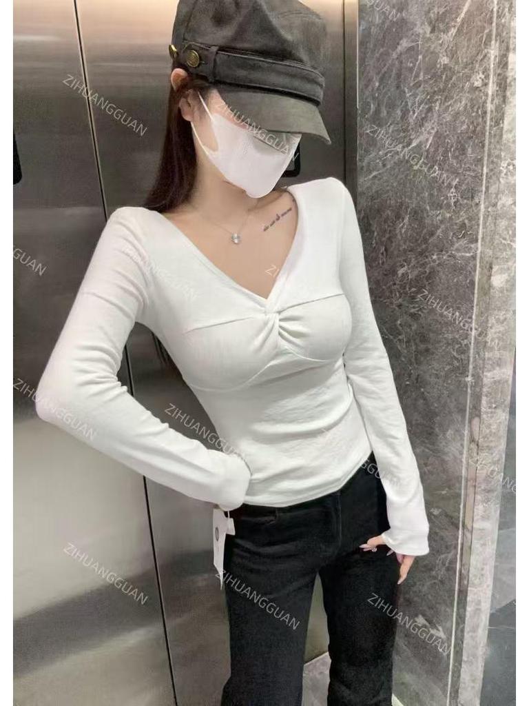 Women's Elegant Knotted V-Neck Long-Sleeve Slim-Fit T-Shirt – French Design Spring 2026 Arrival