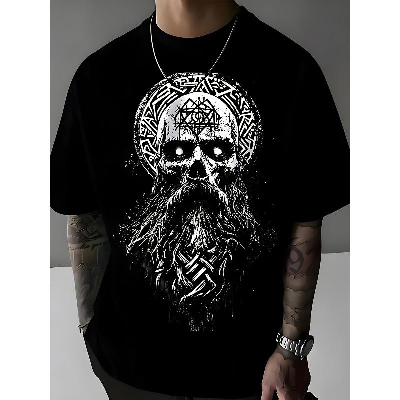 

European Size Big & Tall T-shirt, with Skull with Beard And Celtic Design Print, Soft and Comfortable, Perfect for All Seasons S чорний