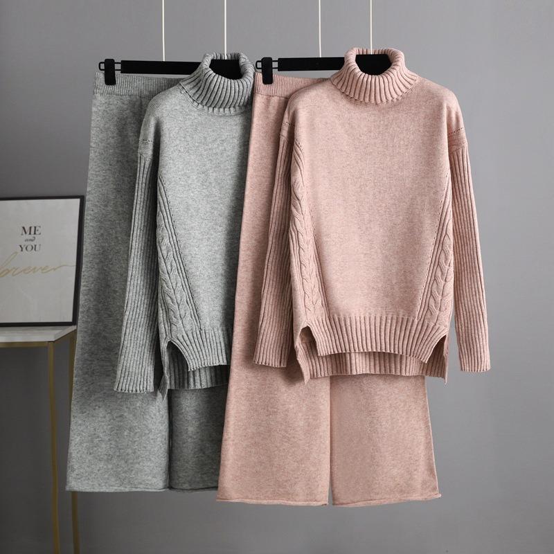 Autumn and Winter New Sweater 2piece Set for Women Lazy Style Loose High-neck Suit for Women Fashionable Casual Wide-leg Pants