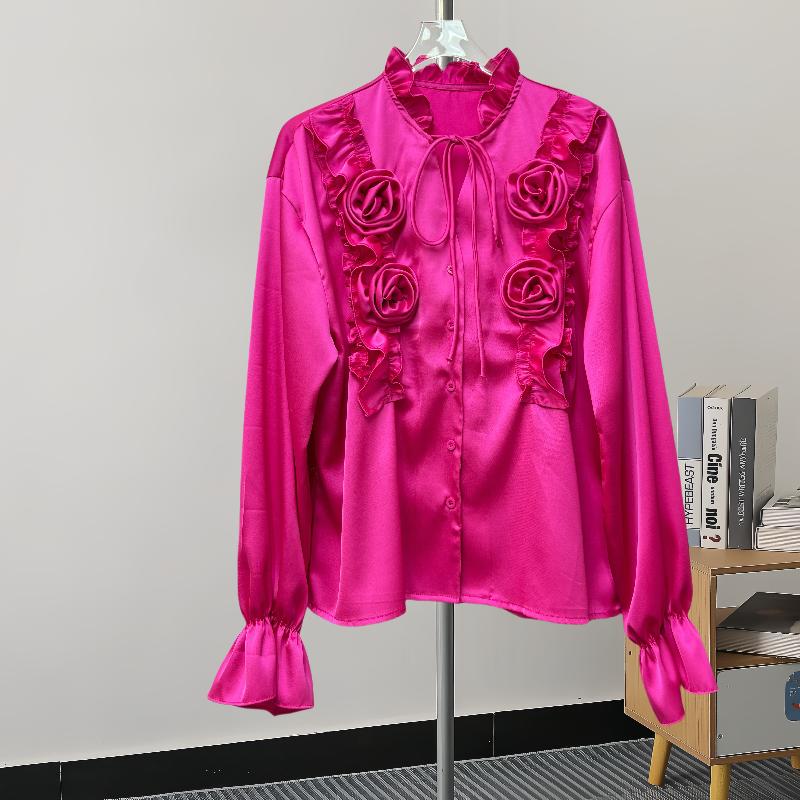 Fashion New Long Sleeve Loose Casual Shirt Women Elegant Solid Single Breasted Flowers Blouse Women Top Vintage Polo Collar Office Ladies Shirts 25807