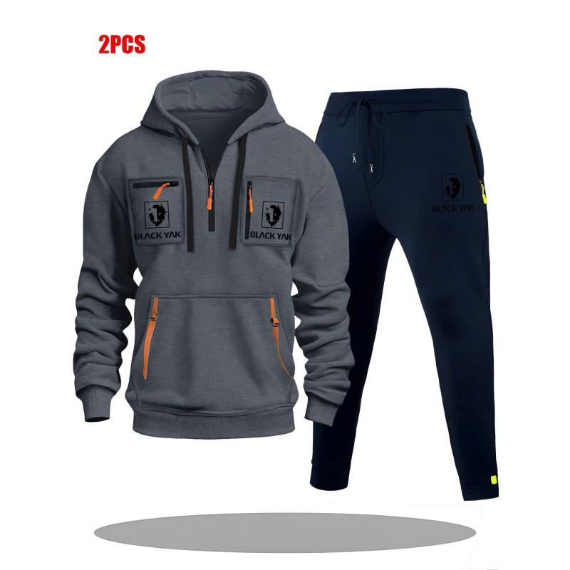 Mens Hoodie Sweatshirt Set Solid Color Multi-Zipper Pockets Casual Wear