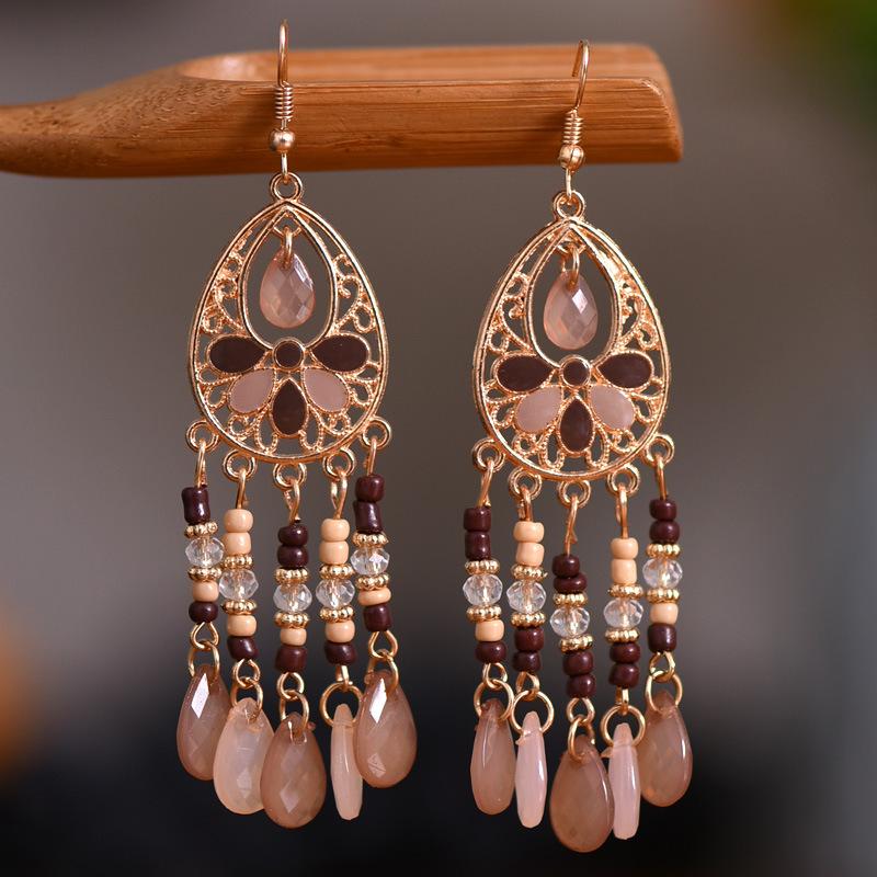 Bohemian Crystal Tassel Earrings - Ethnic Style, Slim Face, Exaggerated Design for Travel